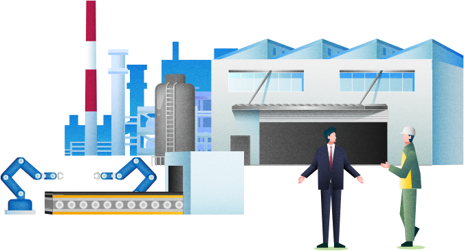 工場の省エネについて話し合う男性のイメージ