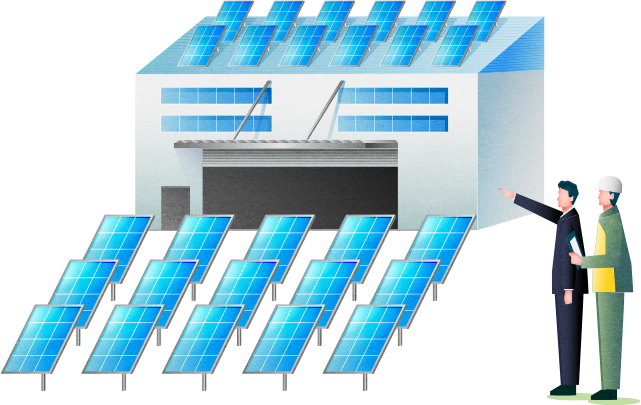ソーラーパネルを指さす男性のイメージ