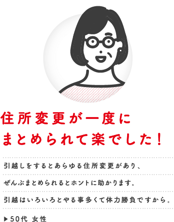 住所変更が一度にまとめられて楽でした！引越しをするとあらゆる住所変更があり、ぜんぶまとめられるとホントに助かります。引越はいろいろとやる事多くて体力勝負ですから。 50代 女性