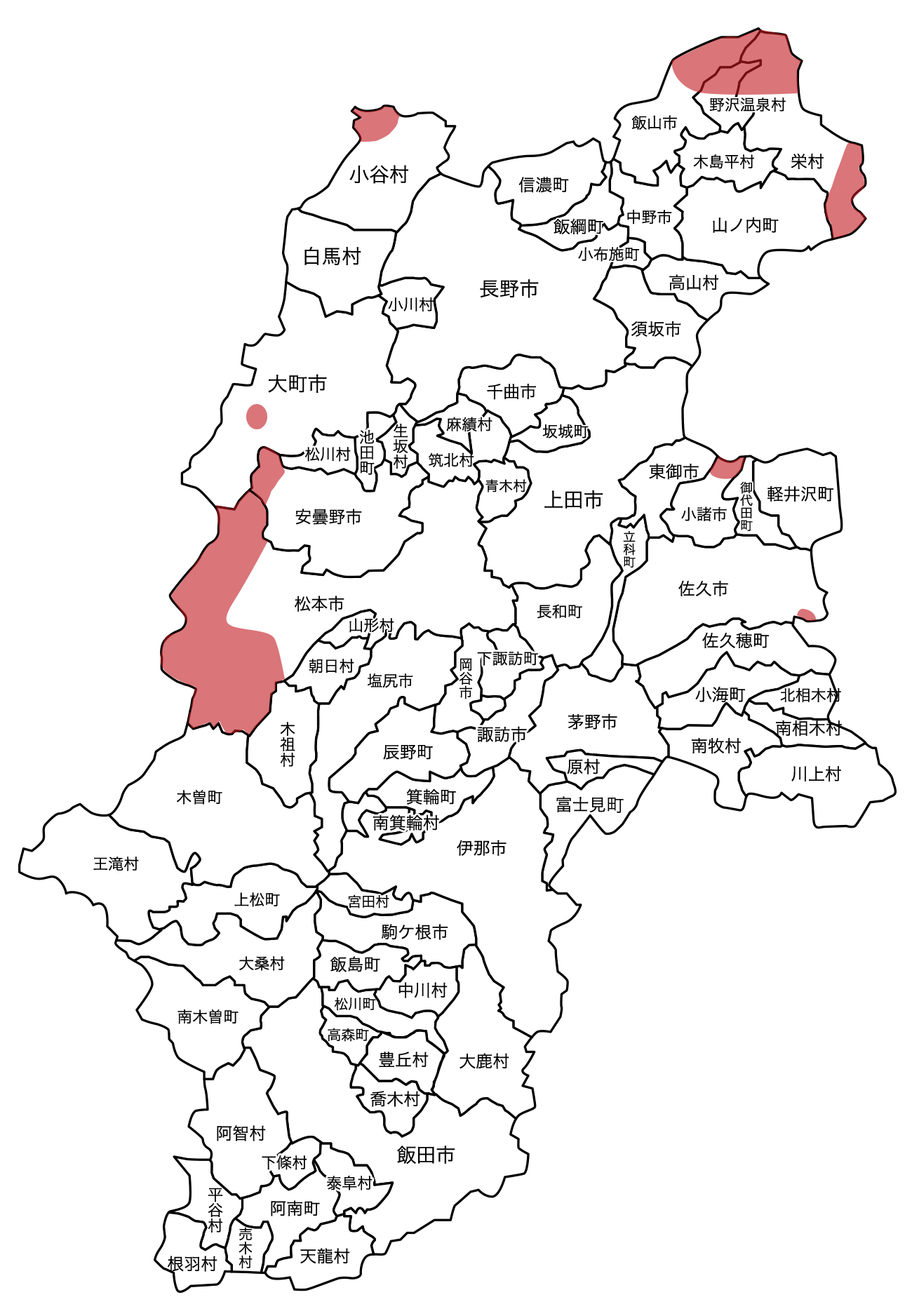 （1&2）下水内郡栄村、（3）下高井郡野沢温泉村、（4）飯山市、（5）小諸市、（6）佐久市、（7）松本市、（8）安曇野市穂高町、（9）大町市平区、（10）北安曇郡小谷村